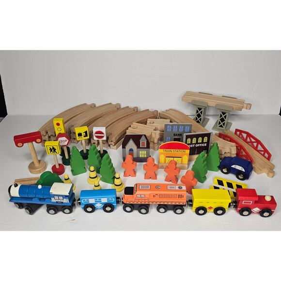 Lot of 63 Pieces Wooden Train Set Track Accessories People Signs Trees Gift - Picture 2 of 11